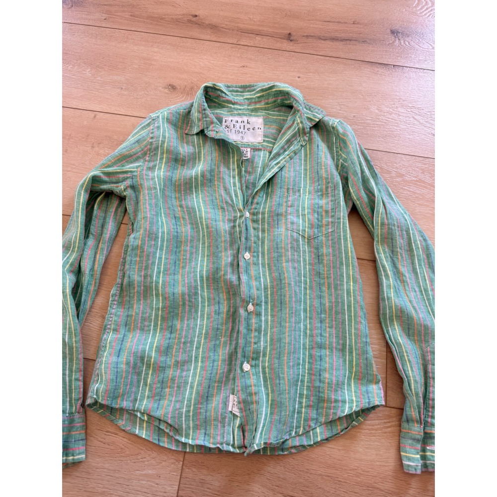 Frank & Eileen Barry Button Up Women S Green Multi Stripe Linen Shirt 354